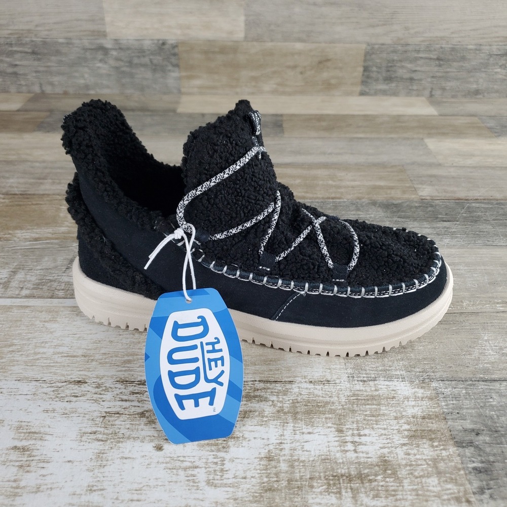 Hey Dude Camden Suede Cozy Womens Ankle Boot Sz 8 Black Slip-On Stretch Lace
